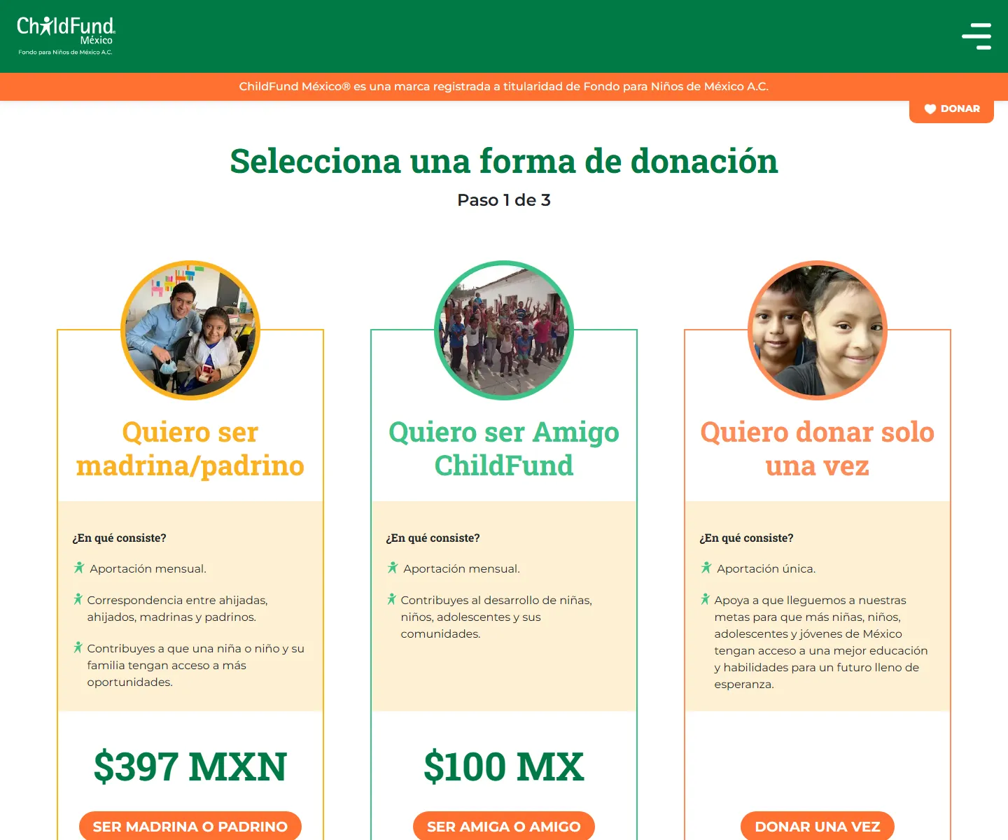 Flujo de donación de ChildFund México dentro del sitio institucional.