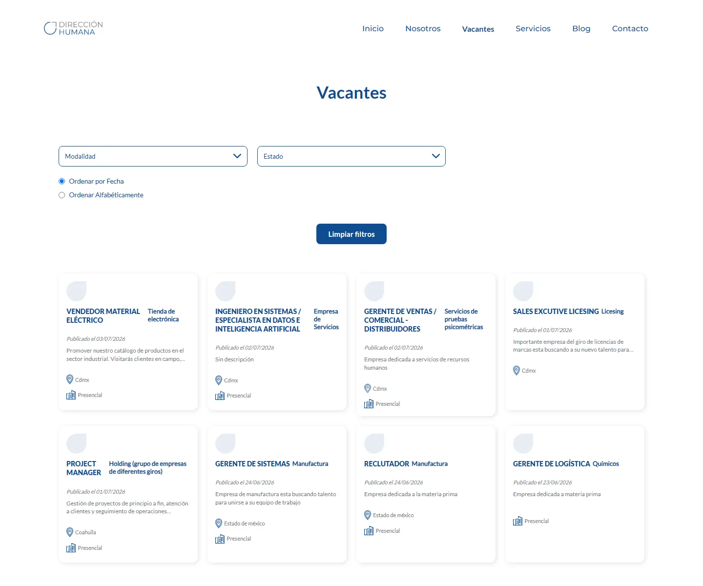 Página de vacantes de DIR Humana, con estructura para consulta y postulación.