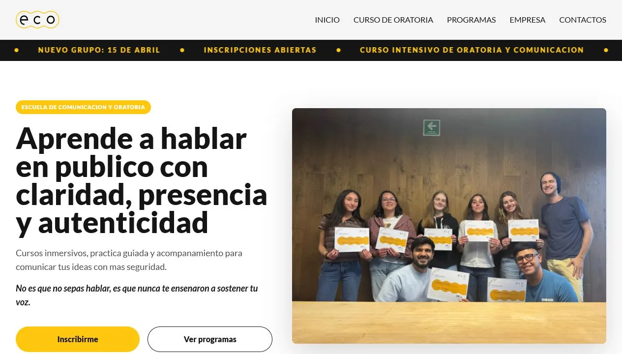 Eco Escuela: landing para escuela de oratoria