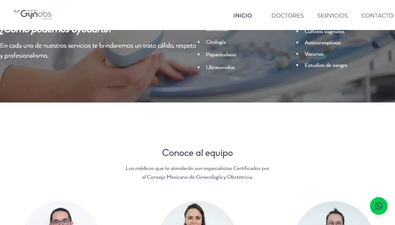 Página institucional de Gynobs, enfocada en servicios médicos y perfiles de doctores.