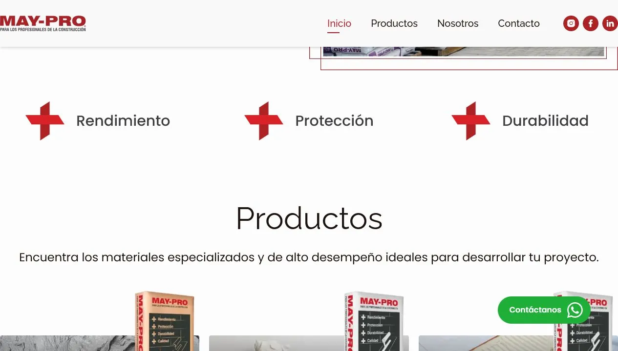 Página de producto de May Pro, con fichas técnicas y navegación entre líneas comerciales.
