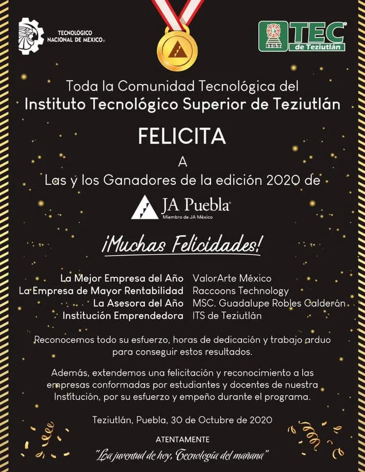 Reconocimiento institucional a ValorArte México como Mejor Empresa del Año en JA Puebla 2020.