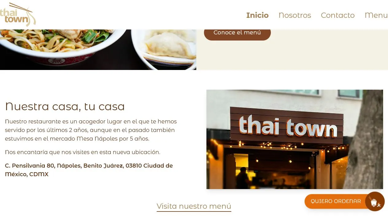 Pagina principal y menu visual de Thai Town.