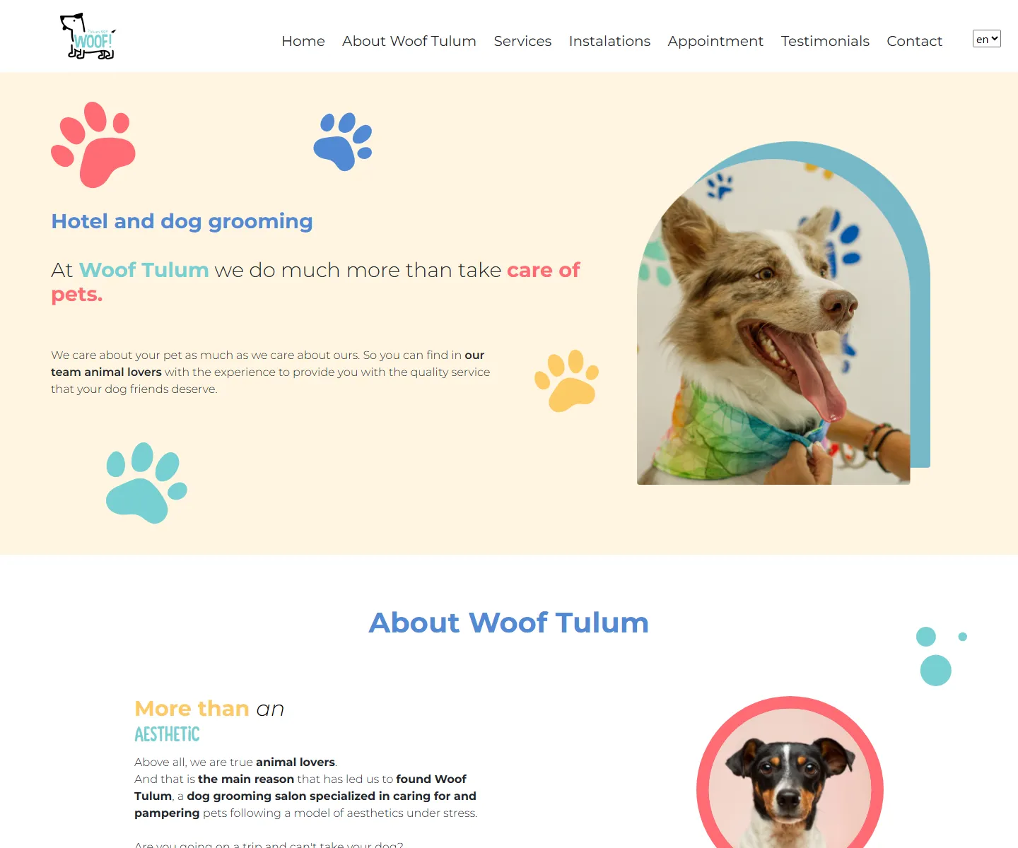 Language selector on the Woof Tulum landing page.
