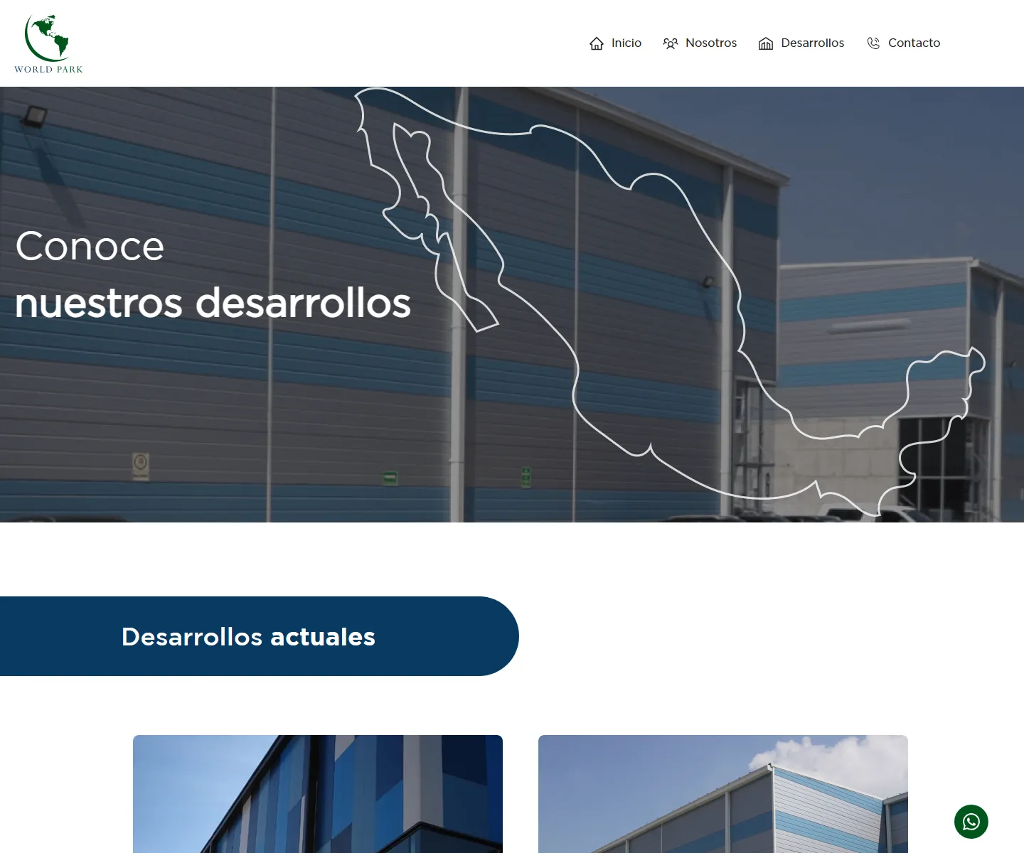 Página de desarrollos de Worldpark con información técnica, ubicaciones y recursos comerciales.