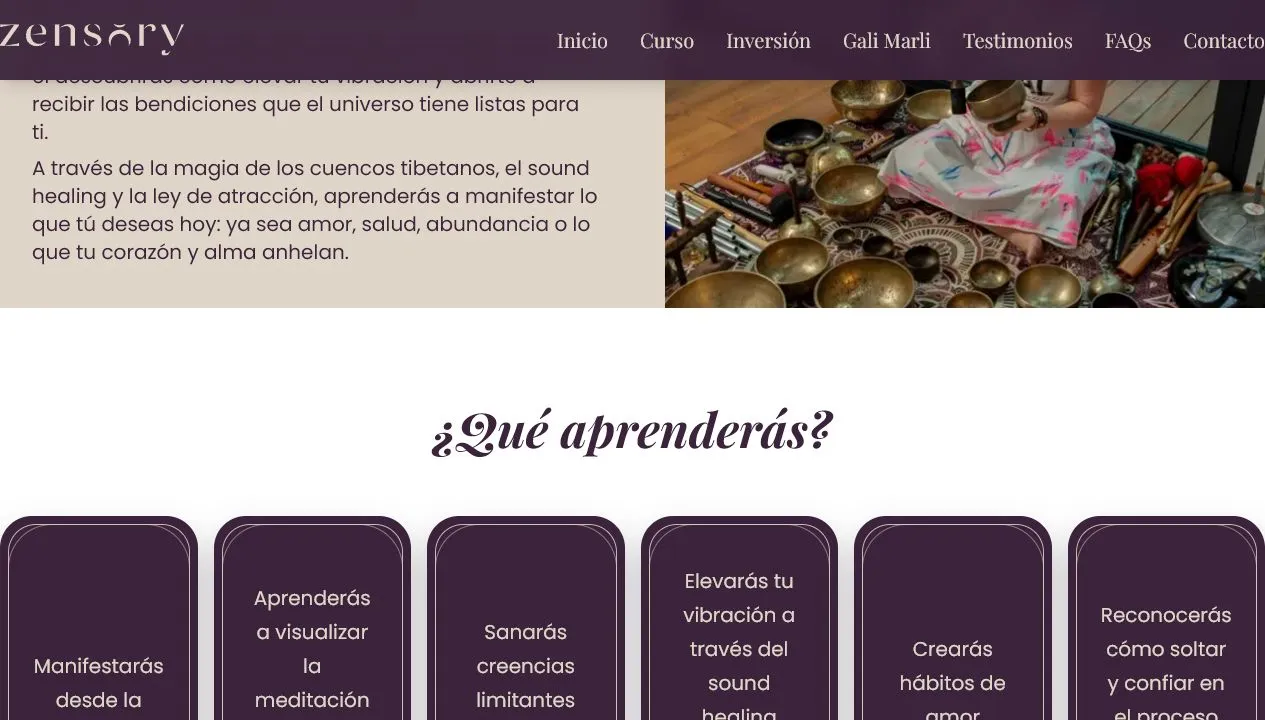 Landing de Zensory con formulario de inscripcion y pago.